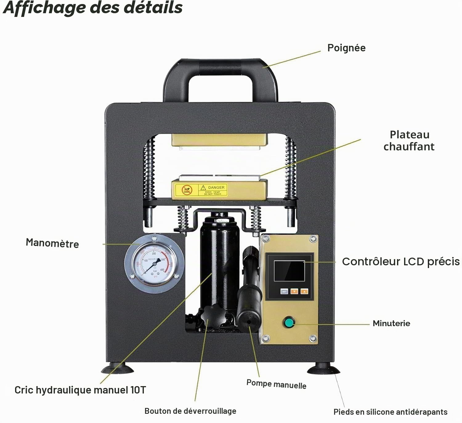 NArra Machine de compression à colophane 7T avec force de pression et plaques doubles chauffantes de 6 x 12 cm et 600 W - La presse à rosin dispose d'un manomètre précis et d'un régulateur de