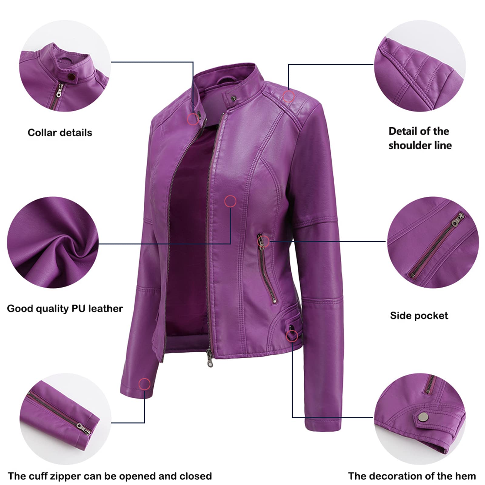 WSLCN Femme Veste en Similicuir Moto Blouson Zippé Casual Bomber Jacket