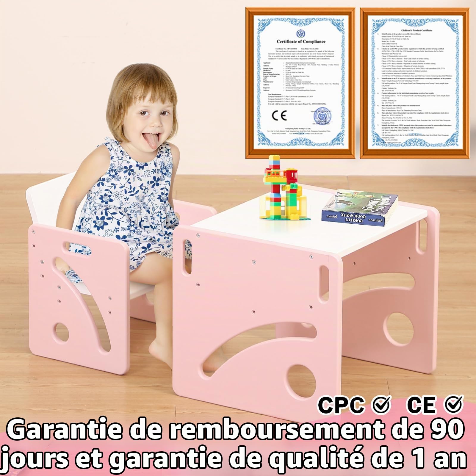 FUNLIO Ensemble Table et Chaise Montessori pour bébés de 1 à 3 Ans, Table et Chaise Ajustables en Hauteur pour la Lecture, Les Repas et Le Jeu, Facile à Assembler, certifié CPC - Rose