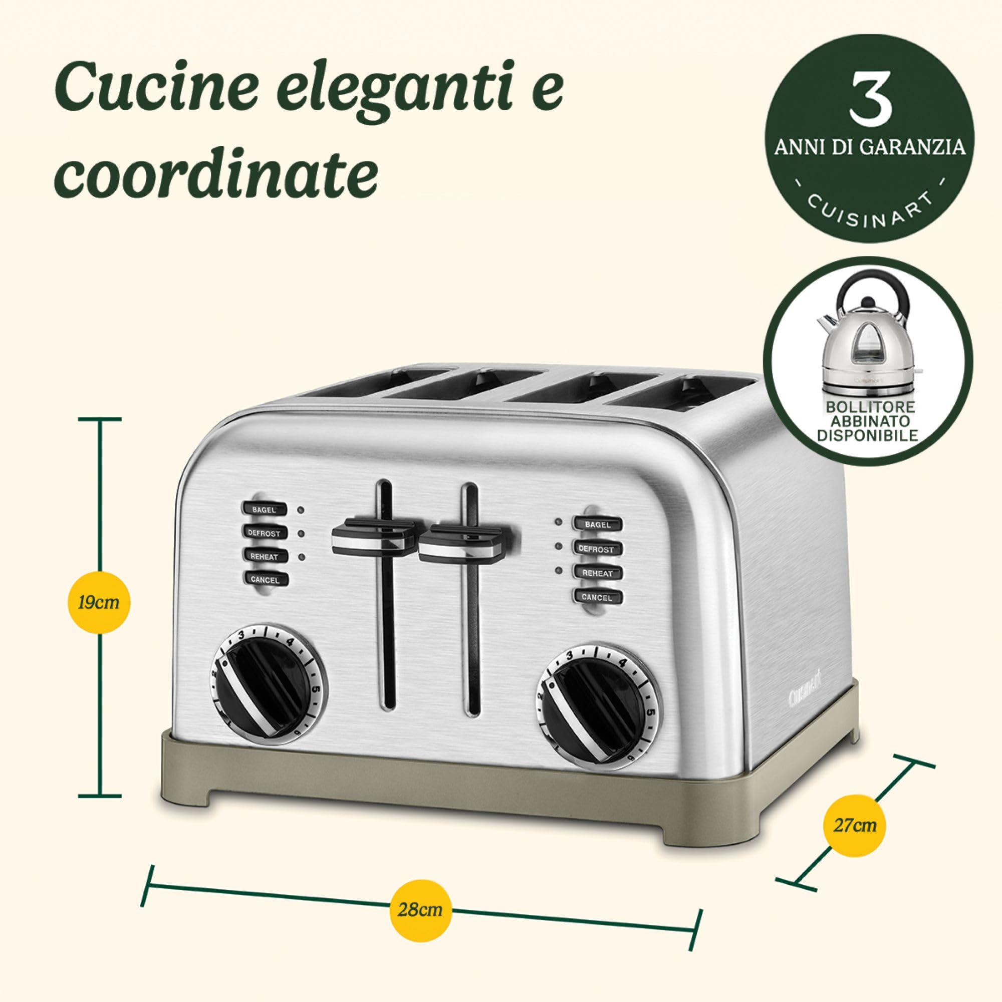 Tostapane 4 fette Cuisinart CPT180E , Acciaio inox, Funzione Bagel, Funzione Scongelamento, Funzione Riscaldamento, 6 Livelli di tostatura