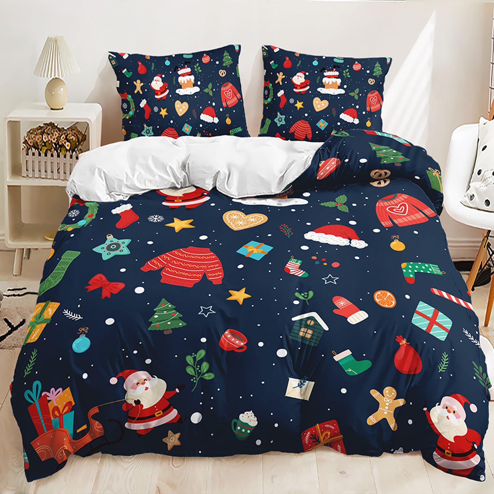 Lunoroey Christmas Bedding Duvet Cover Set King Size Comforter Cover 3 Pieces Christmas Tree Santa Bedding Cover Reversible Xmas Quilt Cover with Zipper Closure(1 Duvet Cover, 2 Pillow Shams) โ image 1