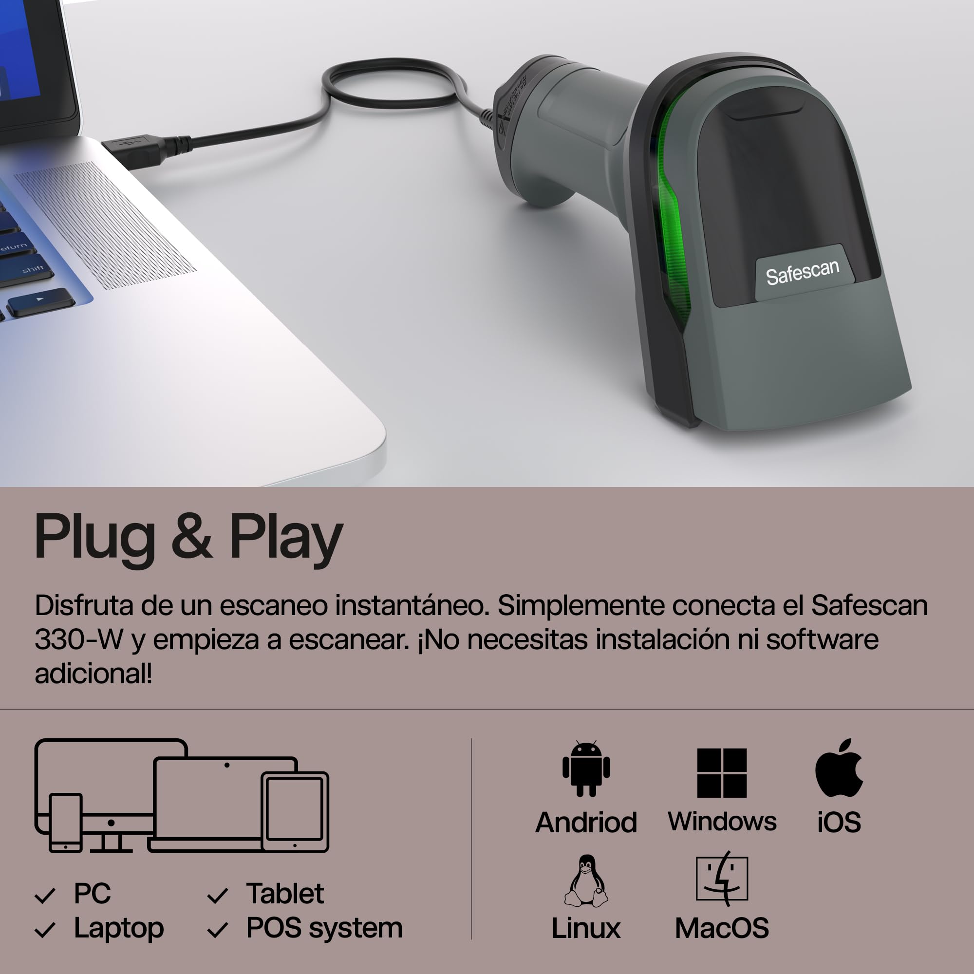 Safescan 330-W - Escáner de códigos de Barras Que escanea códigos 1D y 2D - Escáner para códigos dañados y de Color - con Cable USB - Escáner de códigos QR - Plug & Play - Incluye Soporte