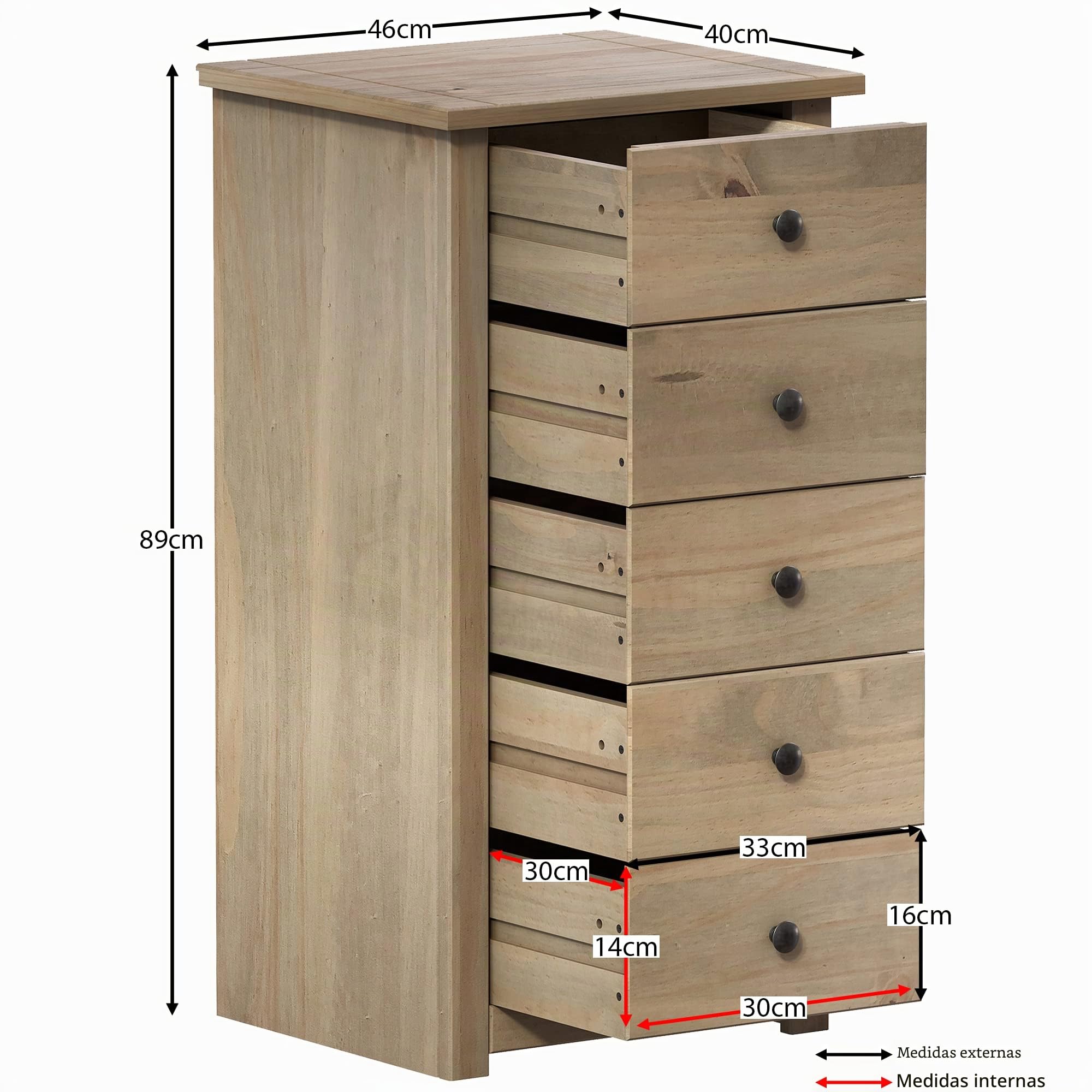 Home Discount Panamá cajonera 5 cajones con Cera Natural Roble Madera Maciza de Pino Muebles de Dormitorio