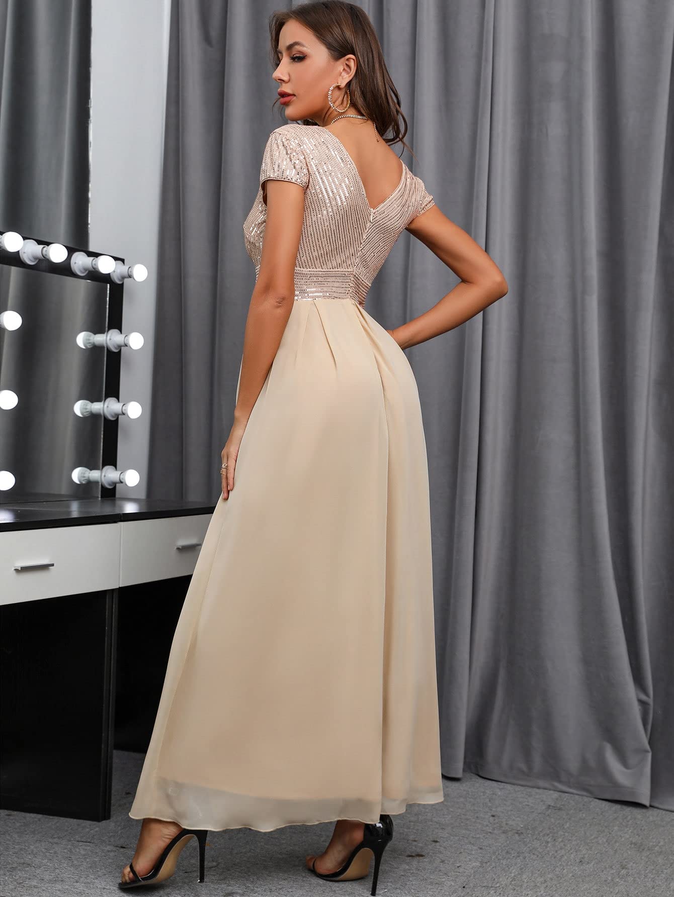 Amazon.com: DANCOLOR Contrast Sequin Chiffon Prom Dress Women's Short  Sleeve V Neck Over Print High Waist A Line Summer Dress Party(Size:X-Large)  : Clothing, Shoes & Jewelry