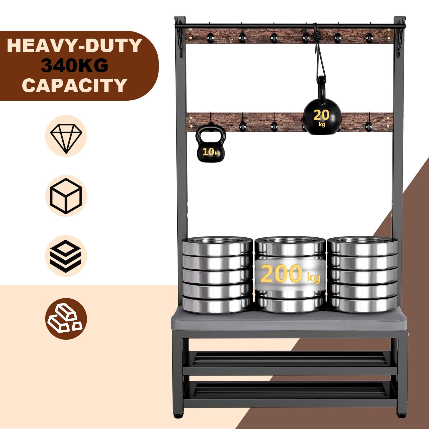 Attaccapanni da Ingresso con Panca e Scarpiera, Stand Appendiabiti 4 in 1 con 12 Ganci, Stile Industriale, Struttura Metallica Robusta, per Corridoio, 100x30x171cm