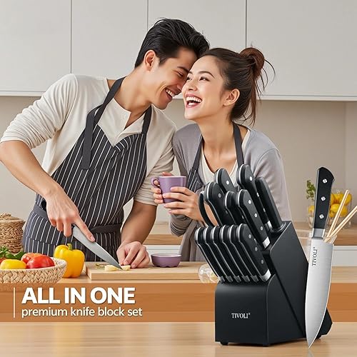 Miniatura 7 de TIVOLI Juego de 15 cuchillos de cocina de acero inoxidable de alto carbono con bloque y barra de afilado, juego de cuchillos negros afilados de alta
