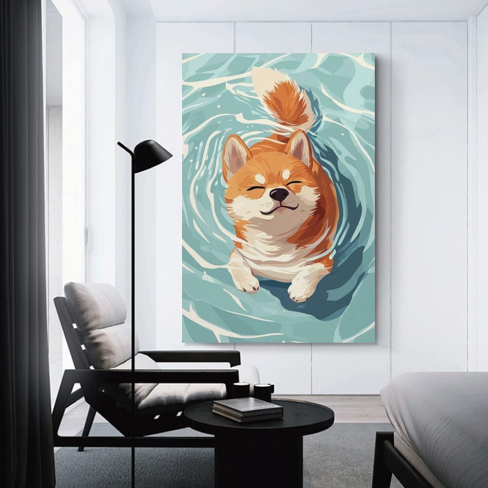 Junmoney Decorative Canvas Print Shiba Inu Dog Swimming in Water, 20x30inch(50x75cm), for Living Room, Bedroom Or Home Office, Home Decor Gift with Stylish Appeal