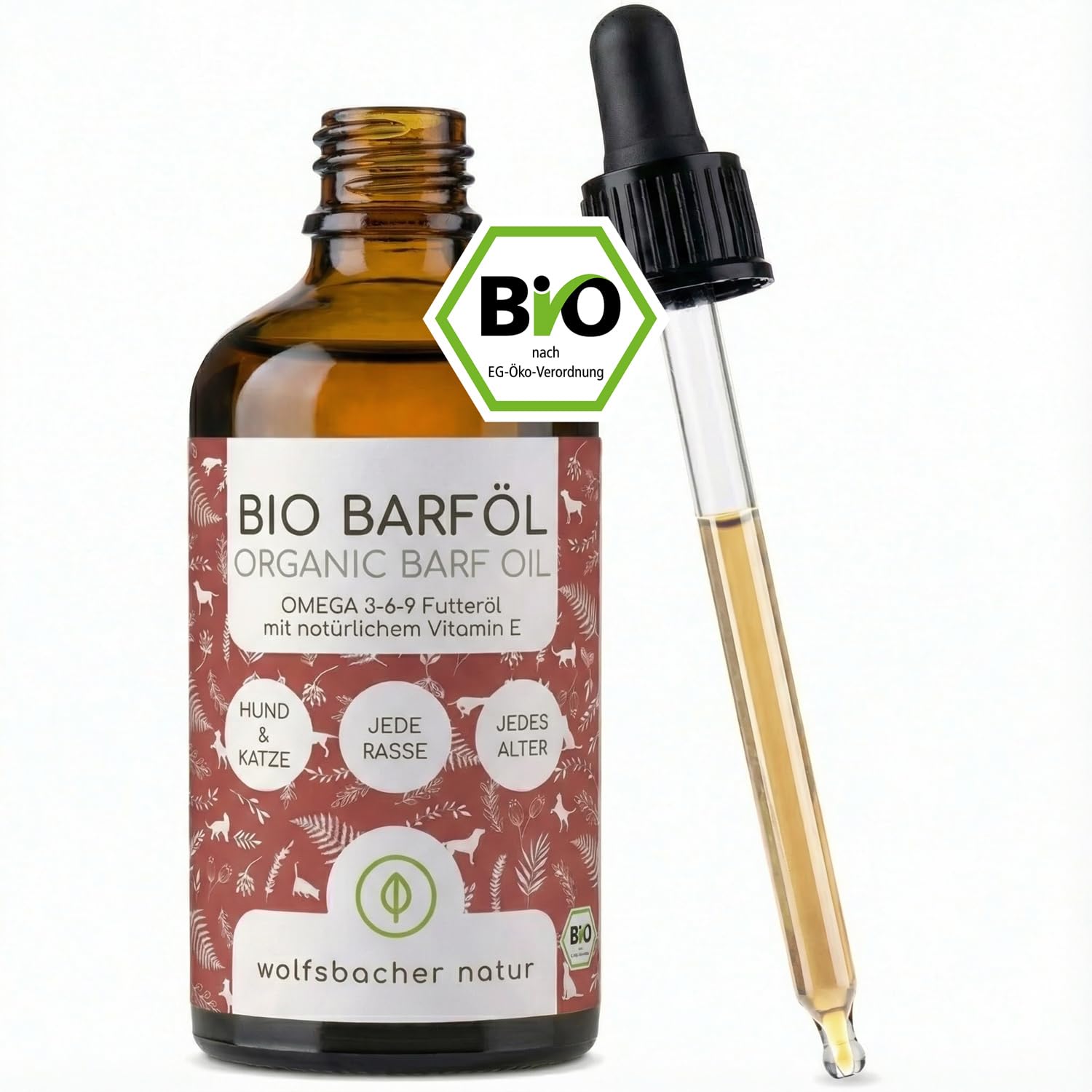 Olej Pokarmowy dla Psów 100ml – 100% Organiczny Olej BARF - Naturalny i Wegański - Z Oleju Lnionego, Wiesiołkowego, Oliwy z Oliwek, Pestek Dyni, Chia - Z Omega 3-6-9, DE-ÖKO-060