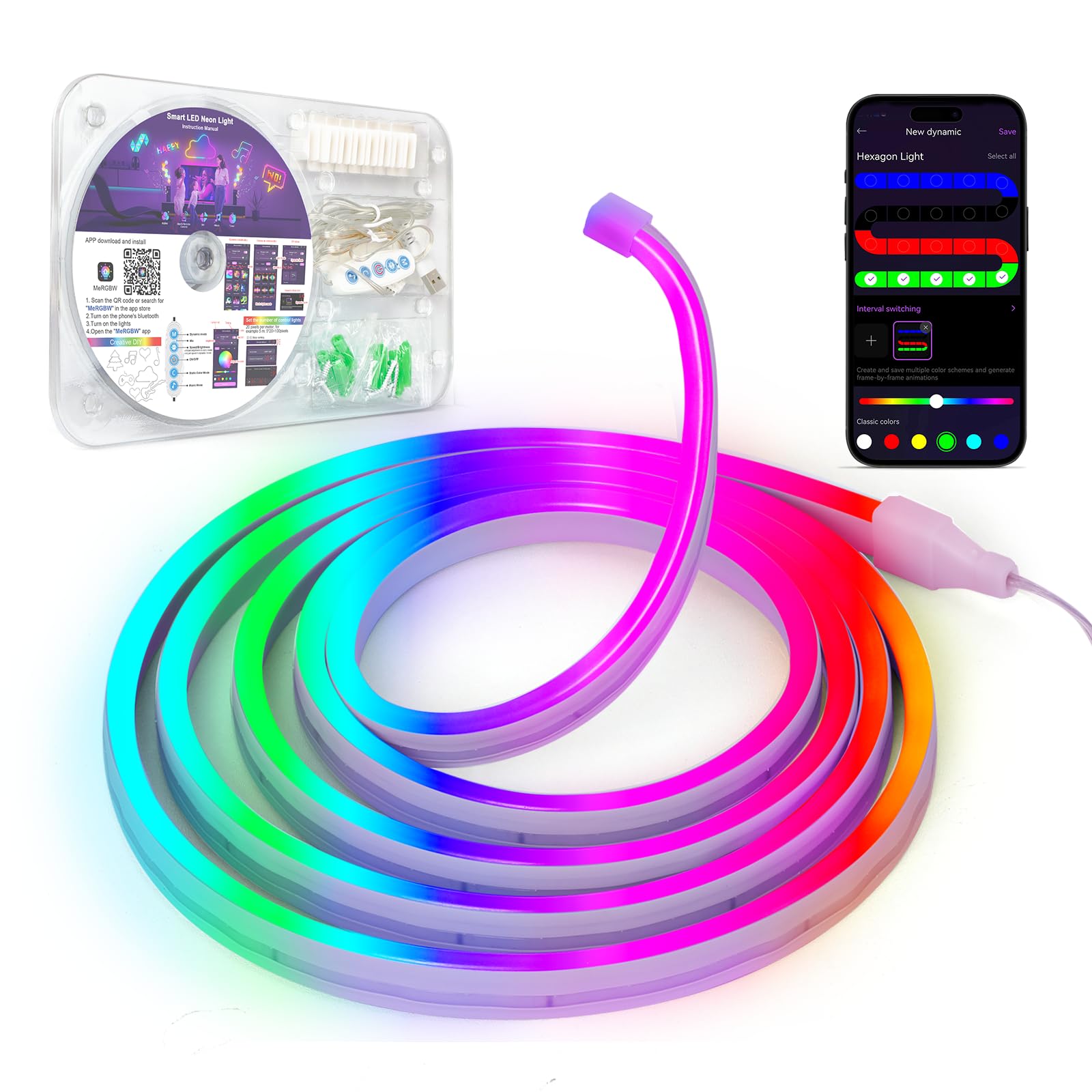 Kangtaixin Neon LED Strip 2m, Flexible Neon LED Streifen mit App-Steuerung, 5V RGB LED Band Neon Seil Lampe, DIY-Formen, Musik Sync, LED Lichtband für Wohnzimmer, Schlafzimmer, Wand, Gaming Deko