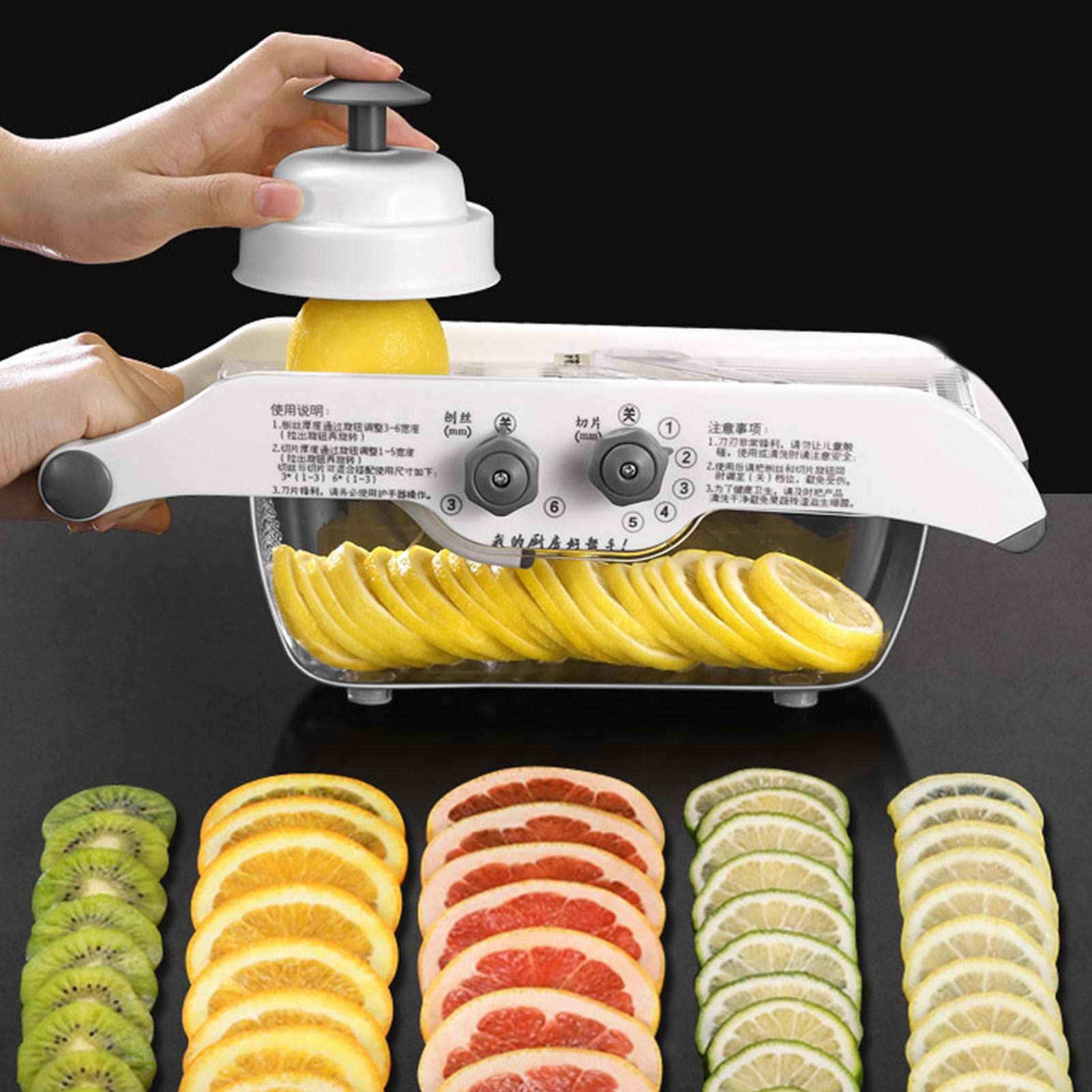 Trancheuse à citron – Trancheuse manuelle pour légumes et fruits avec récipient, épaisseur réglable, machine à trancher pour terre, citron, lingjiong