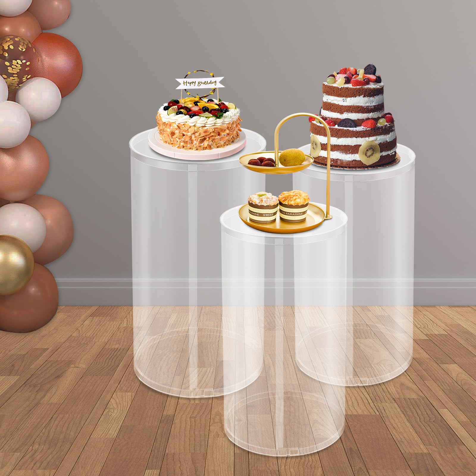 3 soportes cilíndricos redondos para flores, velas, tartas de postre, soporte para columnas de mesa para bodas, fiestas, 60 x 33 cm, 55 x 30 cm, 50 x 26 cm, hasta 33 kg (transparente)