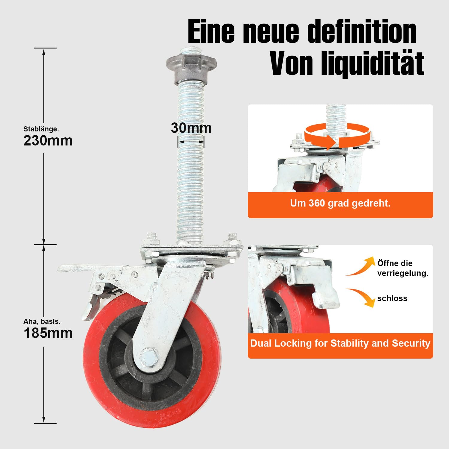 4 Stück Gerüstrollen Set 150mm Rollfüße Spindelrollen Lenkrollen Räder Gerüsträder mit Bremse für Arbeitsgerüste 500kg Tragkraft