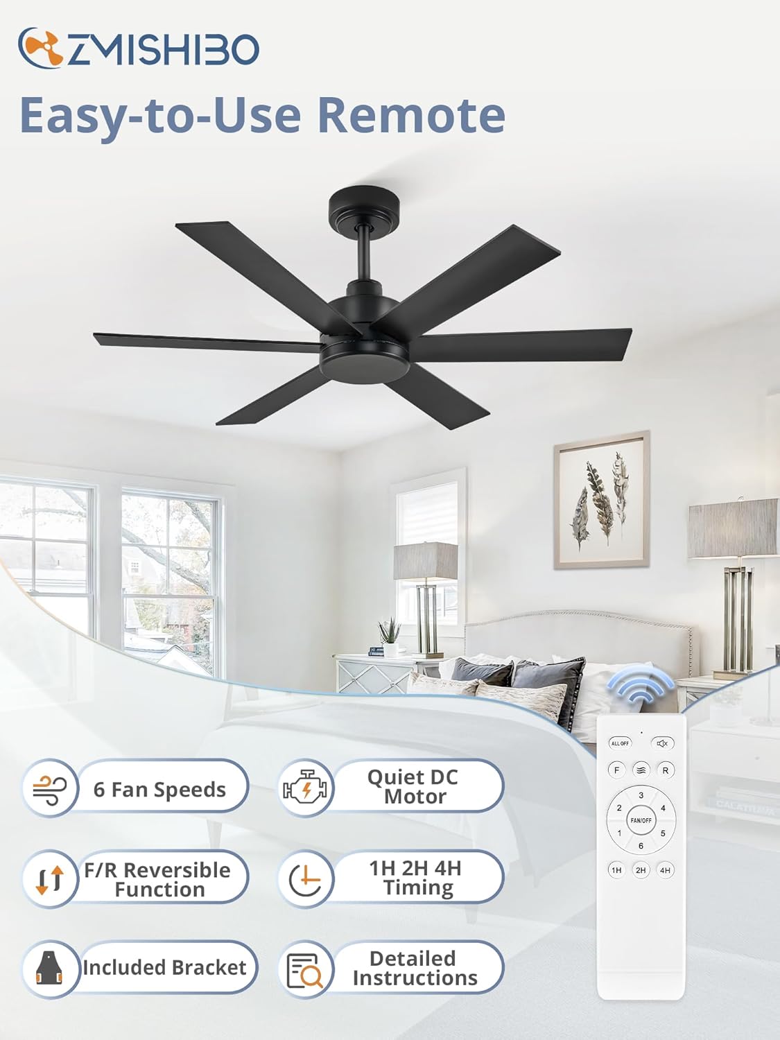 ZMISHIBO 42 Inch Black Ceiling Fan Without Light, Bedroom Ceiling Fan No Light, 6 Blades, Quiet Reversible DC Motor, 6-Speeds, Small Ceiling Fan for Bedroom, Living Room, Patio, Indoor/Outdoor Use