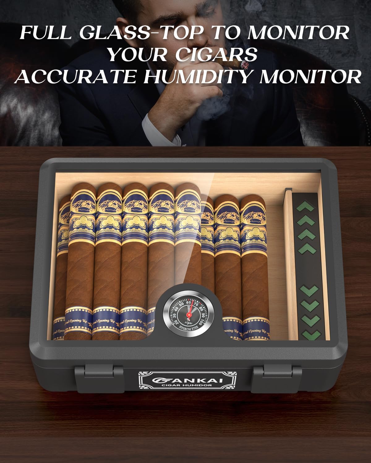 Cigar Humidor, Full Glass Top Cigar Box with Humidifier and Hygrometer, Drop-proof Crushproof Cigar Case, Cedar Wood Lining Storage Box with Divider for 20-25 Cigars (Black) - Image 3