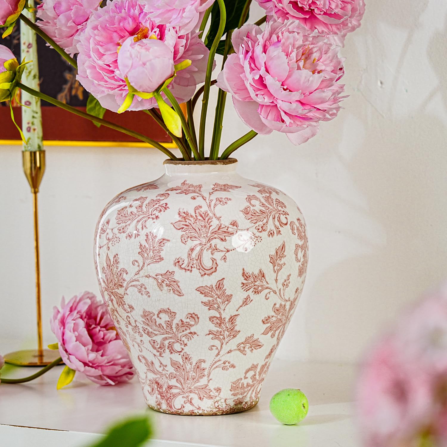 Sungmor Vaso da fiori vintage in ceramica, 24 cm, rosa