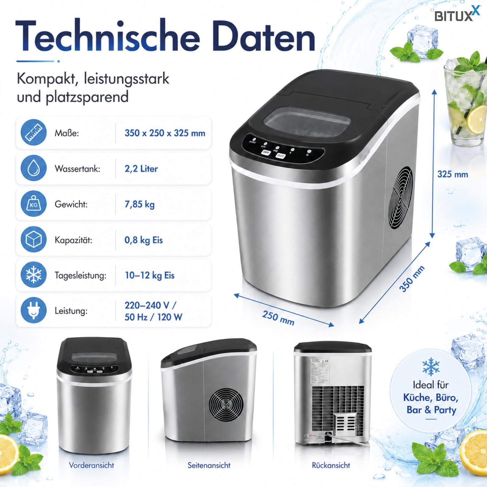 Eiswürfelmaschine Eiswürfelbereiter Eiswürfel Ice Maker EIS Maschine Icemaker (Edel Stahl)
