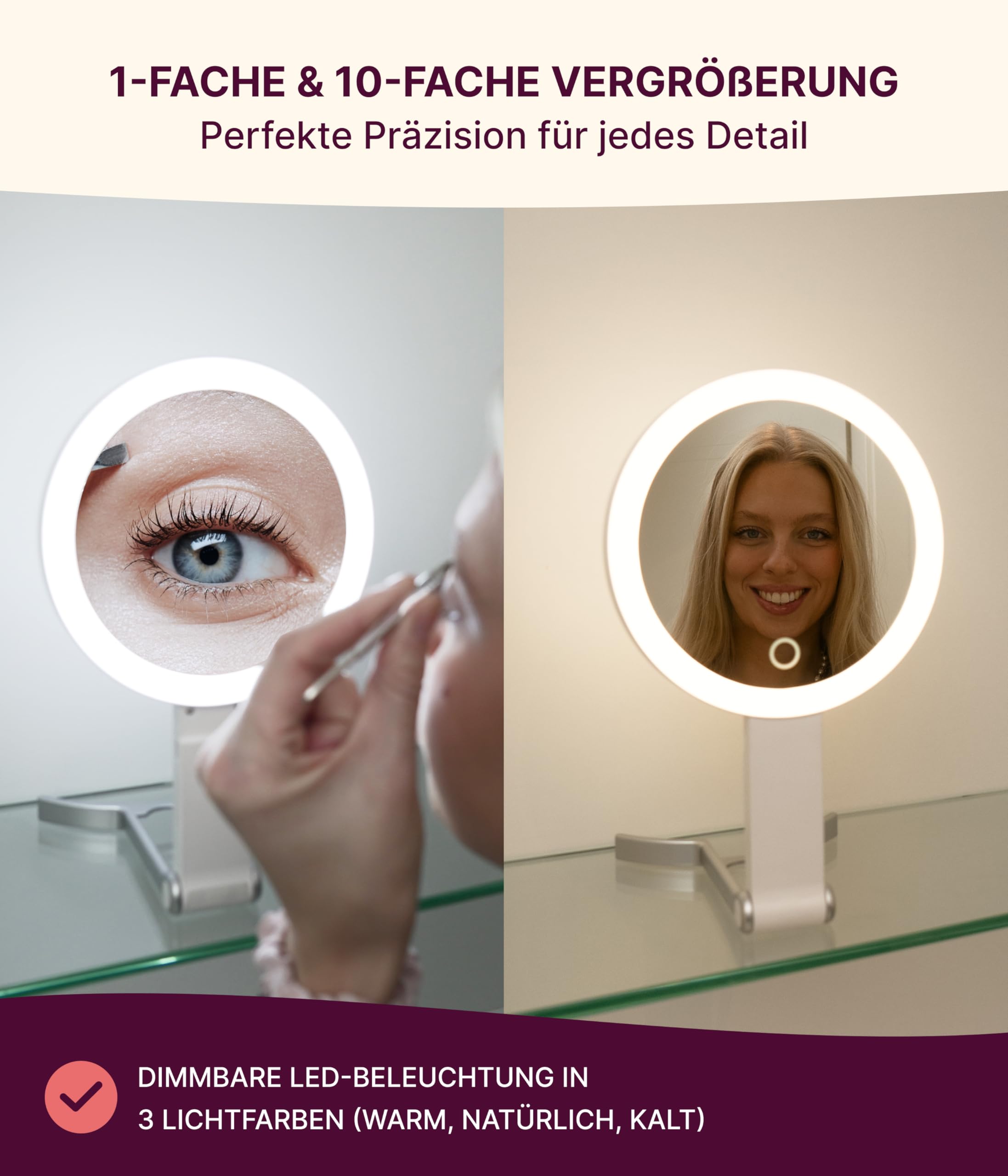 Fantasia® Beauty Schminkspiegel mit Beleuchtung – 10-Fach Vergrößerung & LED-Licht – Make Up Spiegel – ideal für präzises Schminken & Rasieren – Kosmetikspiegel aufladbar mit USB-C für Bad & Reisen
