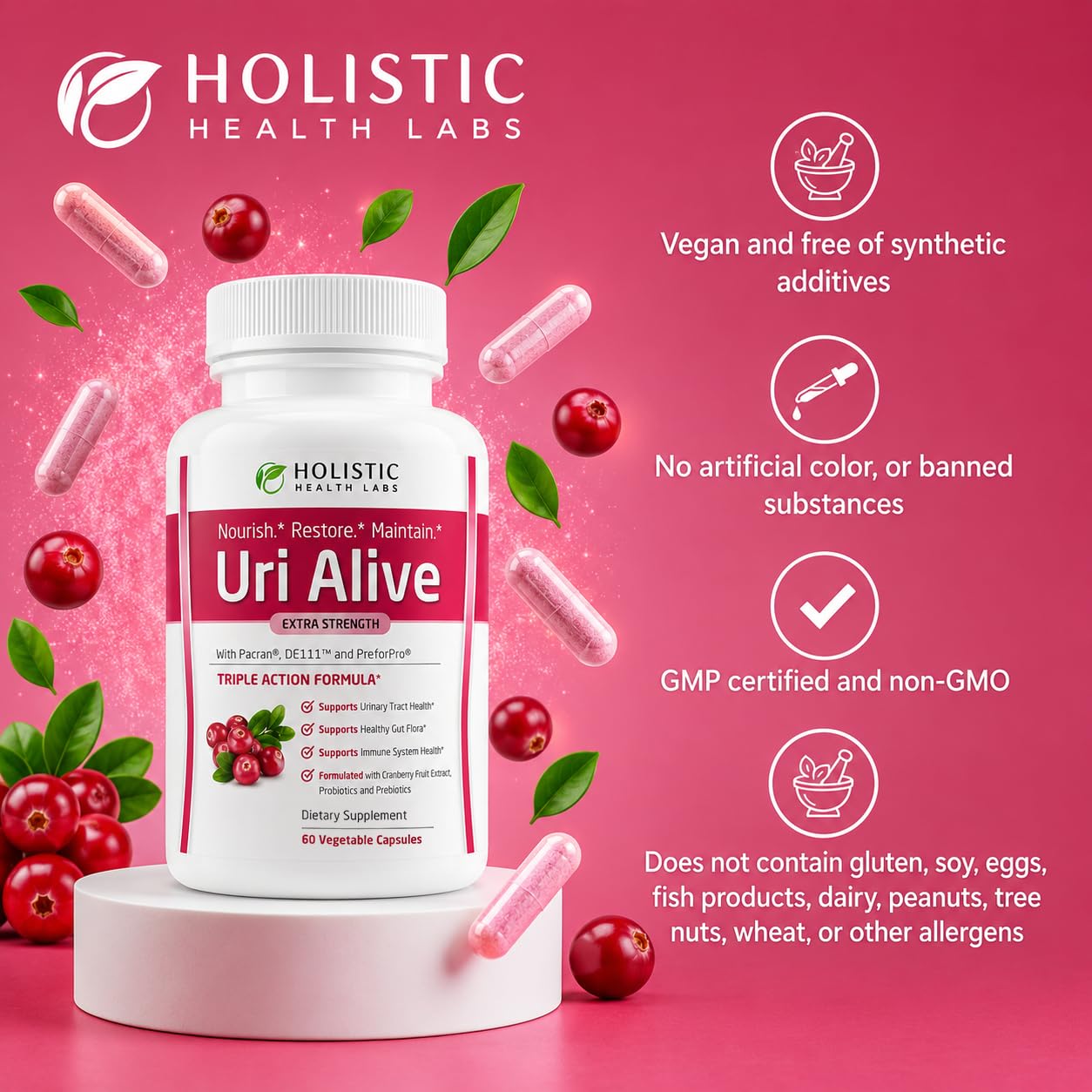 Uri Alive Extra Strength Urinary Support Supplement for Urinary Tract, Bladder, Gut Flora, and Immune System Health (60 Count (Pack of 1)) — Amazon image 4