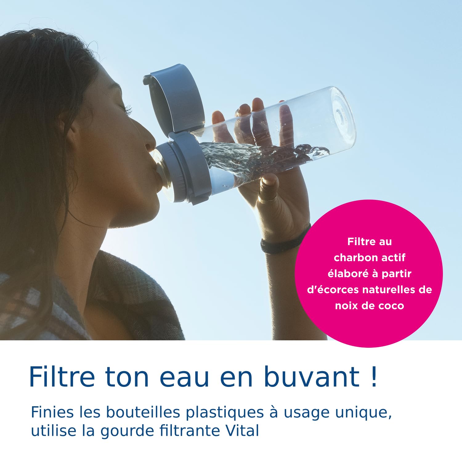 Gros plan sur le bouchon et le mécanisme de la gourde filtrante BRITA Vital, montrant la paille interne et la texture du plastique sans BPA.