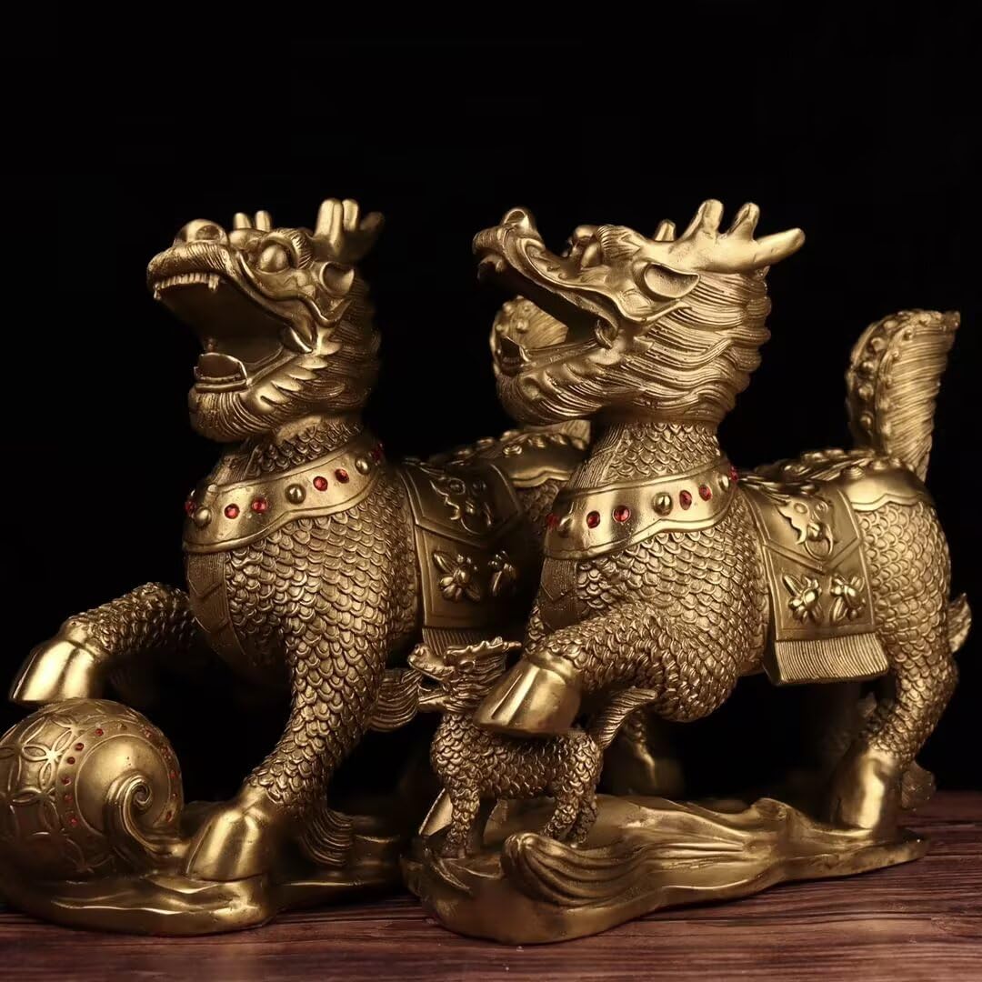 Dytartzx Pure Copper Fortune Kirin Statue, Handmade Chinese Qilin Sculpture - Feng Shui Lucky Ornament for Home Office Entrance, Wealth-Attracting Figurine Ideal for Hou