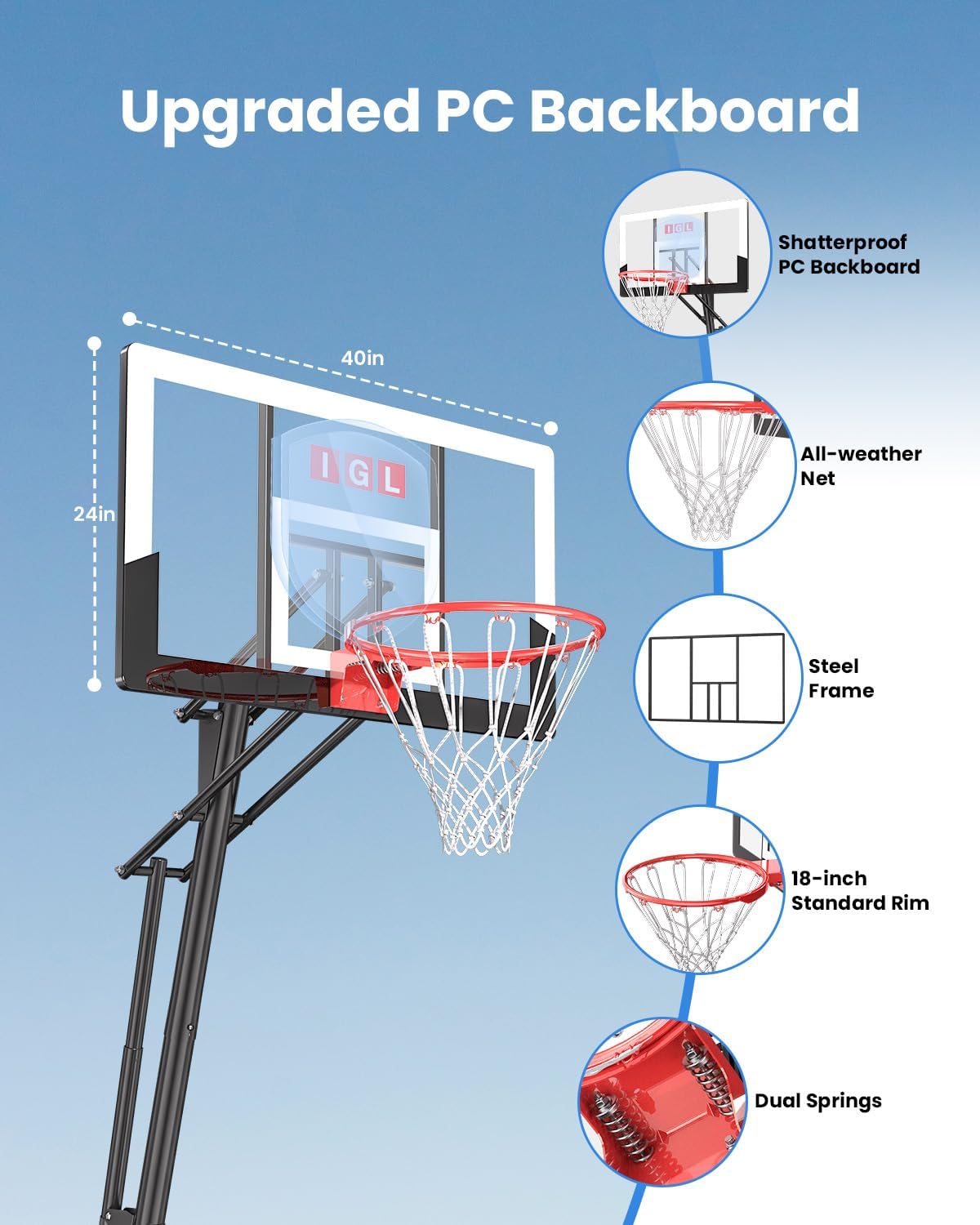 IGL Basketball Hoop Outdoor 40/44/48 Inch, Height Adjustable 5.3-10 FT, Portable Basketball Goal with Shatterproof Backboard for Kids Teens Adults, Backyard Driveway