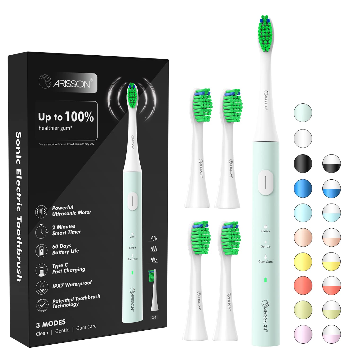 Arisson Sonic Electric Toothbrush for Adults and Kids with 4 Brush Heads, Type C Fast Charging, 40,000 VPM, 3 Mode with 2 Minutes Smart Timer, 1.6 Oz-White on Powder Blue-image-43