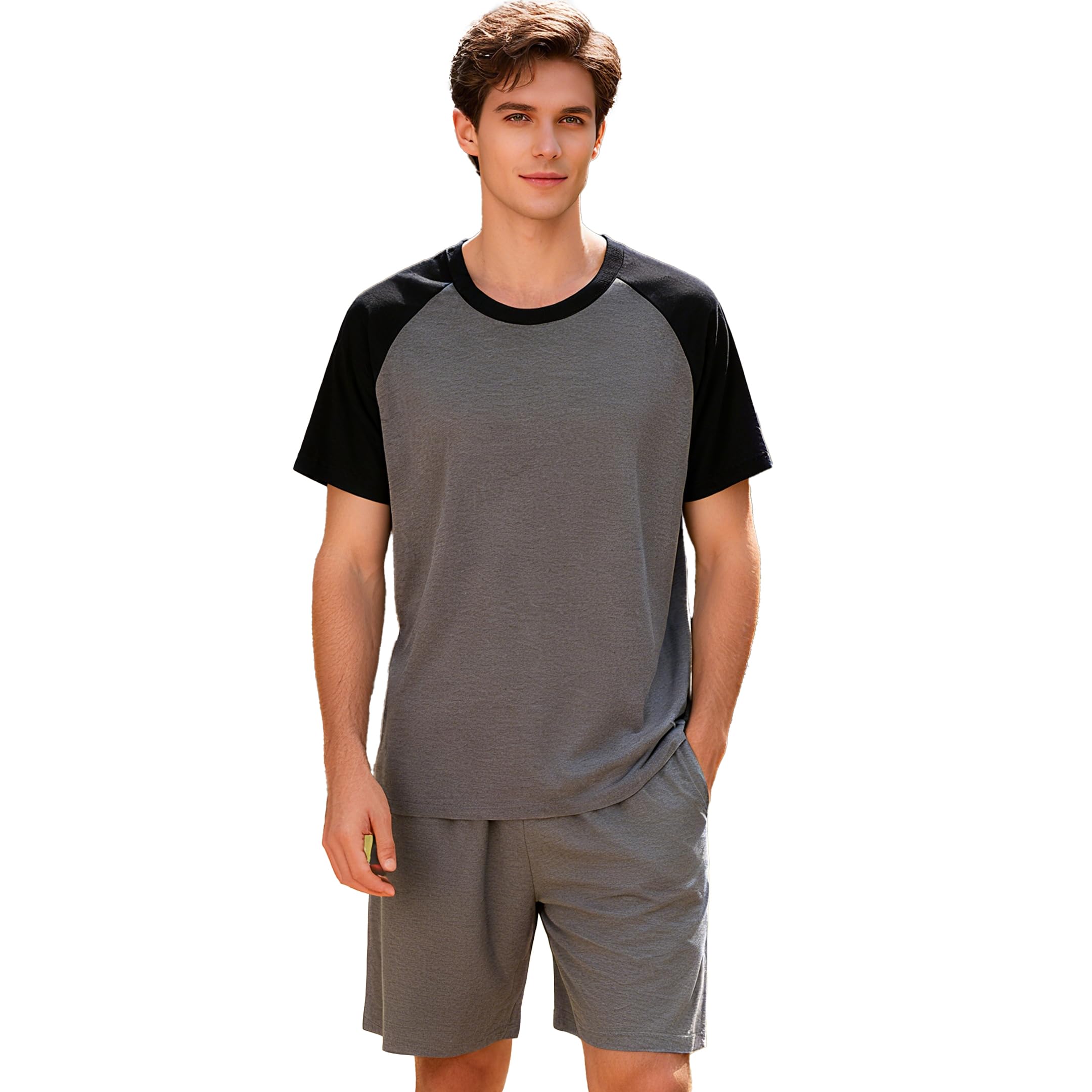 G.n Dreamer Men's Grey Pyjamas Set Short Cotton Pjs Summer Short Sleeve Nightwear Pajamas With Pockets Loungewear Pajamas For