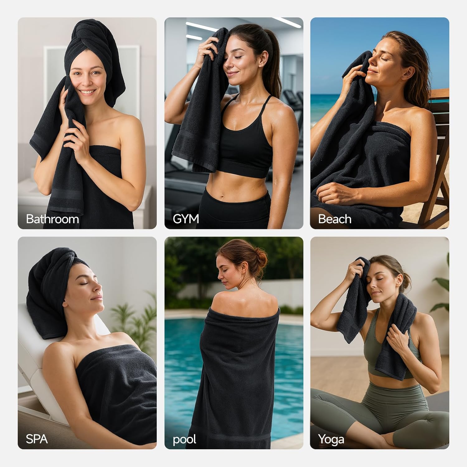 REDKISS Towels 8 Piece Luxury Bath Towel Set, 2 Bath Sheets (35x70 in), 2 Hand Towels, 4 Washcloths, 100% Cotton Super Absorbent & Quick-Dry Shower Towels for Bathroom Spa Gym Hotel Yoga - Black