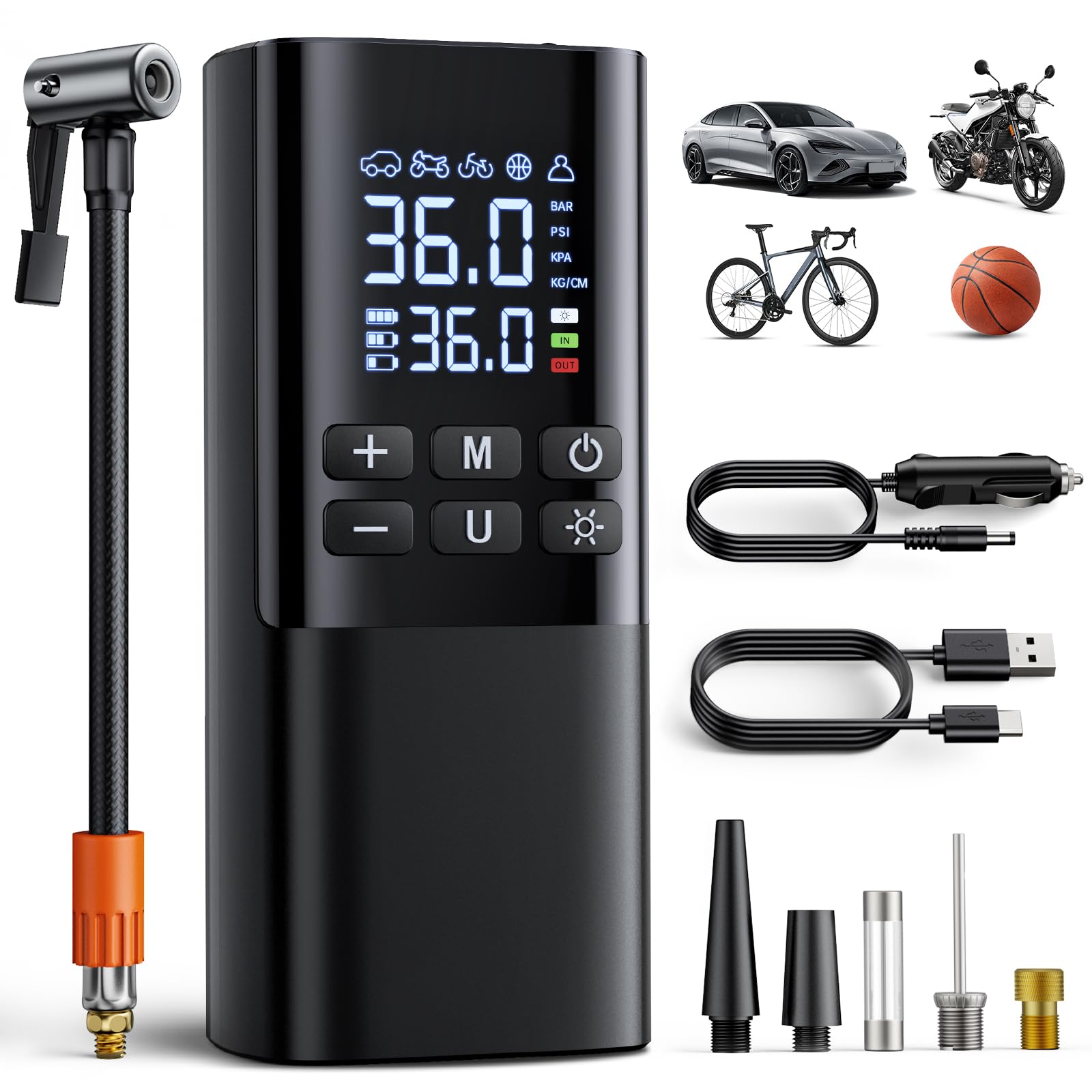 Portable Air Compressor, Car Wheel Inflator with LED Digital Display, Mini Electric Inflator with LED Lighting for Cars, Bicycles, Motorcycles, Scooters and Balls, etc