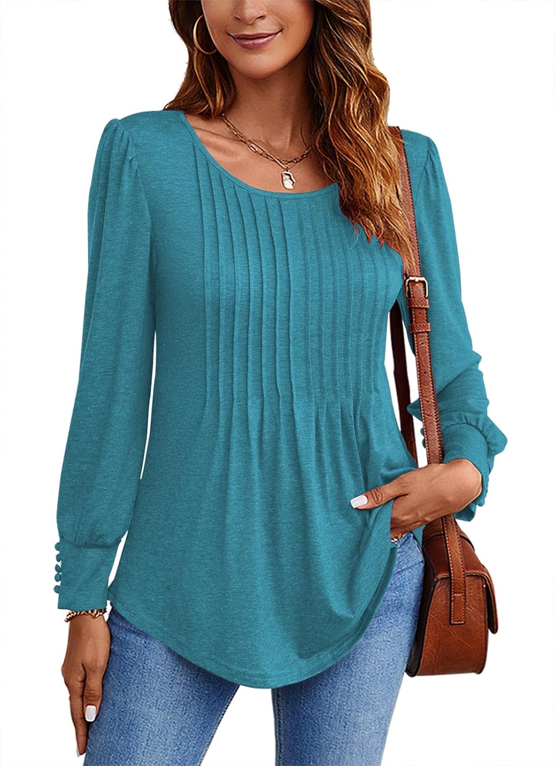 Ladlop Long Sleeve Shirts for Women Fall Pleated Crew Neck Tunic Tops for Leggings Loose Fit Dressy Casual Blouses Tshirts Blue Green Medium
