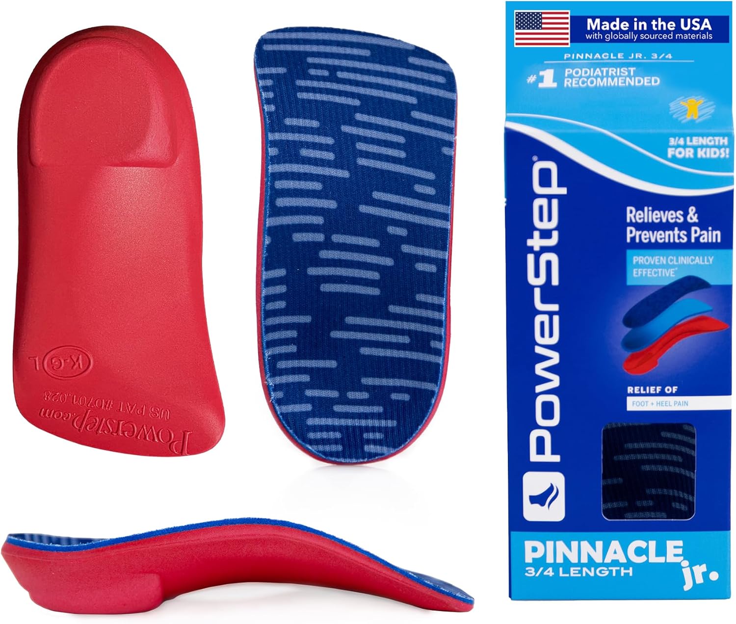 PowerStep Pinnacle Junior 3/4 Insoles, Children's Foot Pain Relief, Arch Support for Girls and Boys, Unisex, Supports Alignment, Posture & Balance in Kids, Made in The USA