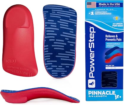 PowerStep Pinnacle Junior 3/4 Insoles, Childrens Foot Pain Relief, Arch Support for Girls and Boys, Unisex, Supports Alignment, Posture & Balance in Kids, Made in the USA Youth 3-4