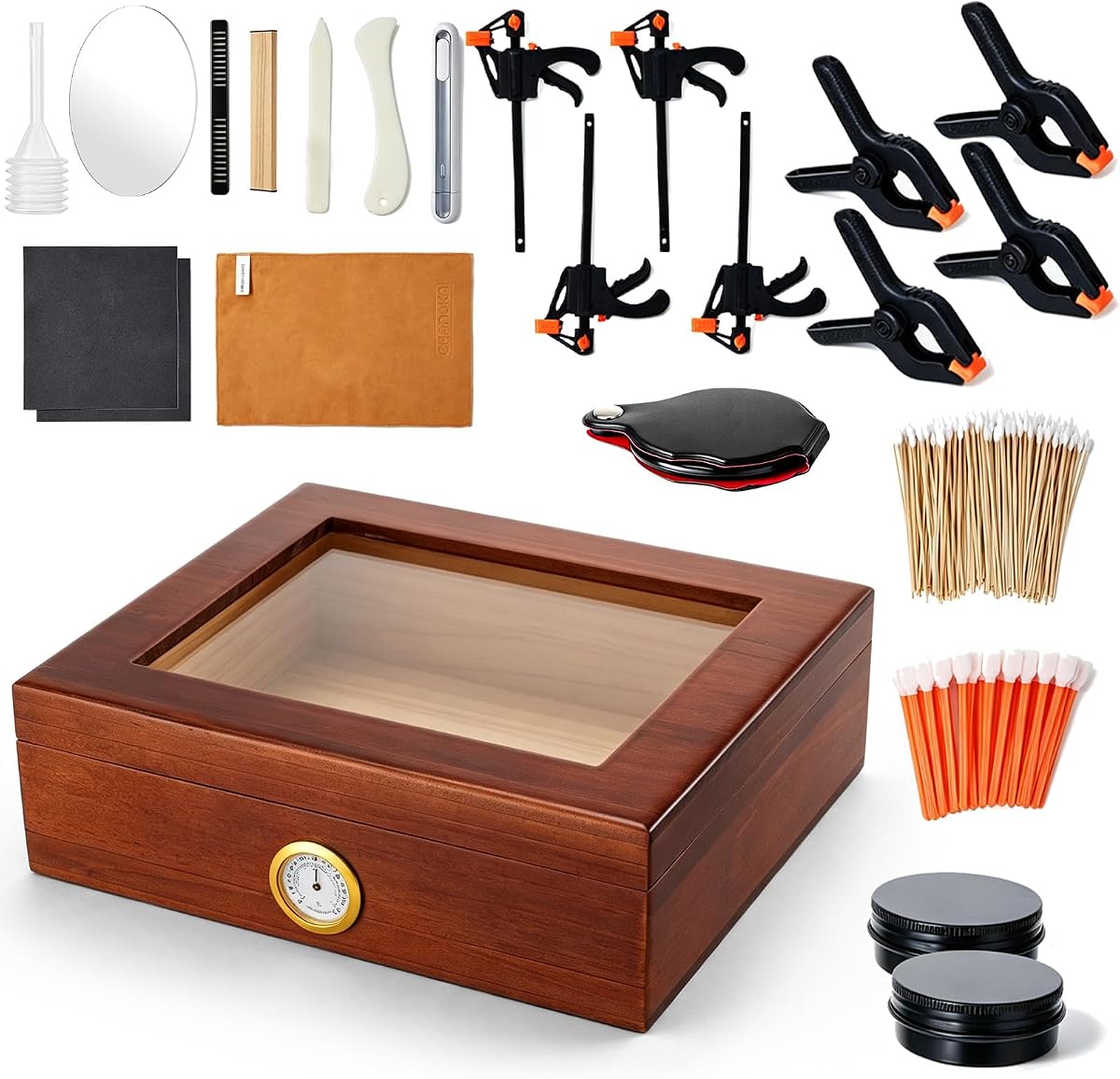 UMMNPR Kit de limpieza de tarjetas coleccionables de 379 piezas, herramientas de reparación con humidor de madera