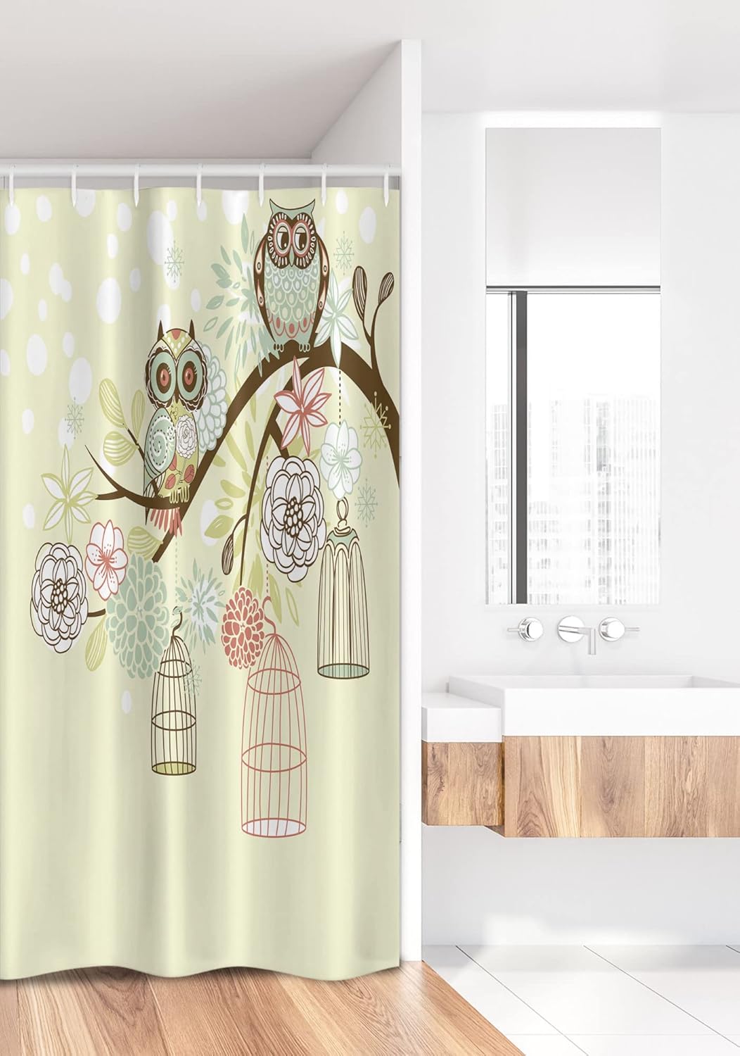 Ambesonne Owls Stall Shower Curtain, Winter Floral Background Blossoms Owls Out of Their Cages Birdcage Freedom, Fabric Bathroom Decor Set with Hooks, 36" W x 72" L, Green Brown