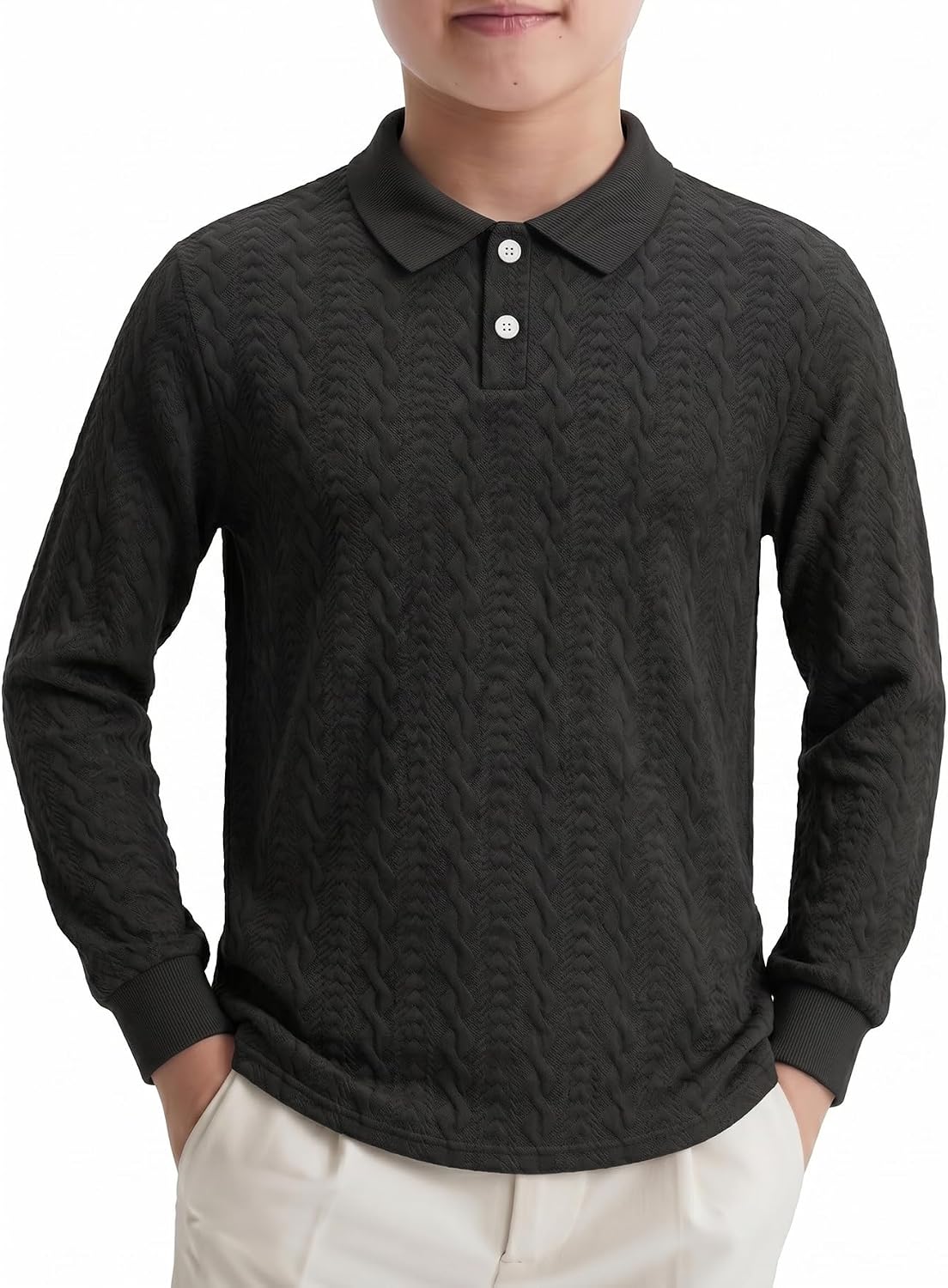 PureChapter Boys Polo Shirt Long Sleeve Textured Knit Collared Sweater Polo School Uniform Shirt for Boys 7-15 Years