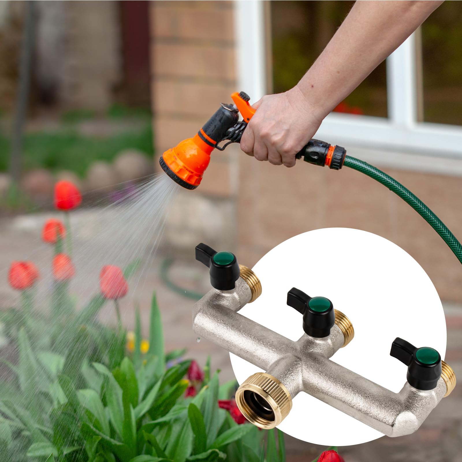 Tesmotor Distributore d'Acqua a 2/3/4 Vie in Ottone, Rubinetto da Giardino con Separatore di Tubi 3/4" e Valvole a Sfera Separate, Filettature Standard Europee da 3/4" Femmina a 3/4" Maschio (3 Vie)