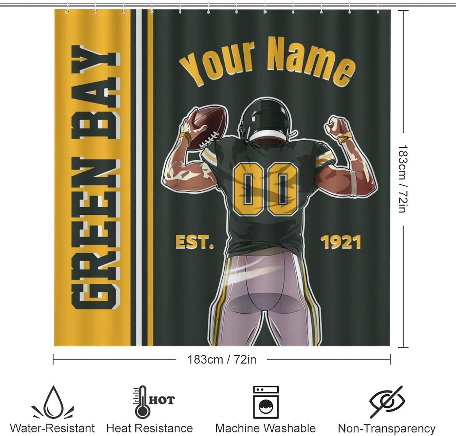 Custom 4PCS Green Bay Shower Curtain Set, Personalized Name and Number Shower Curtain Set for Bathroom, Includes Bath Mat, Toilet Cover Mats, U-Shaped Mat and Shower Curtains 72 Inch X 72 Inch
