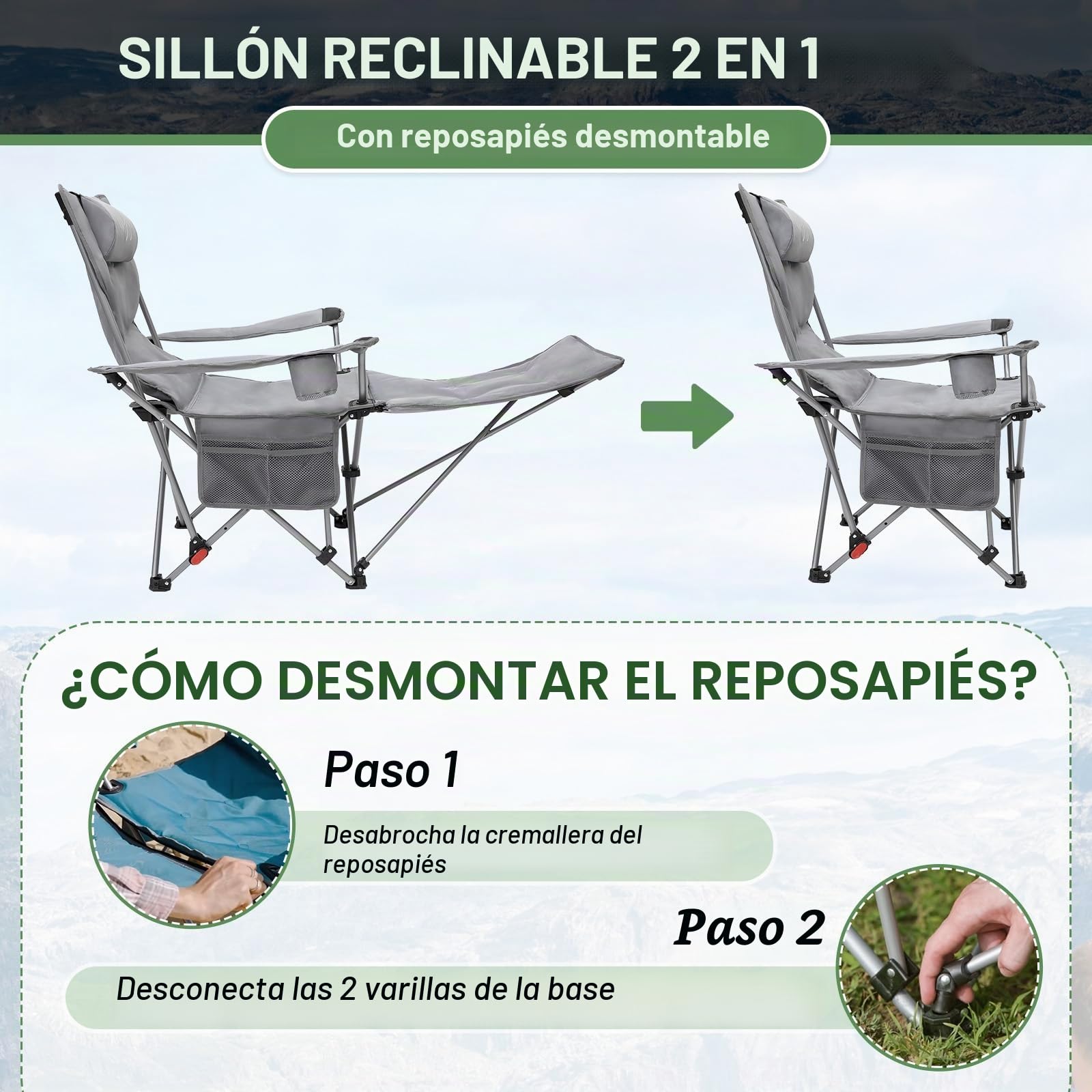 #WEJOY Sillas reclinables plegables ajustables con reposapiés desmontable, soporte para tazas, ligera, portátil, acolchada, reclinable, para playa, jardín, juego de 2 unidades