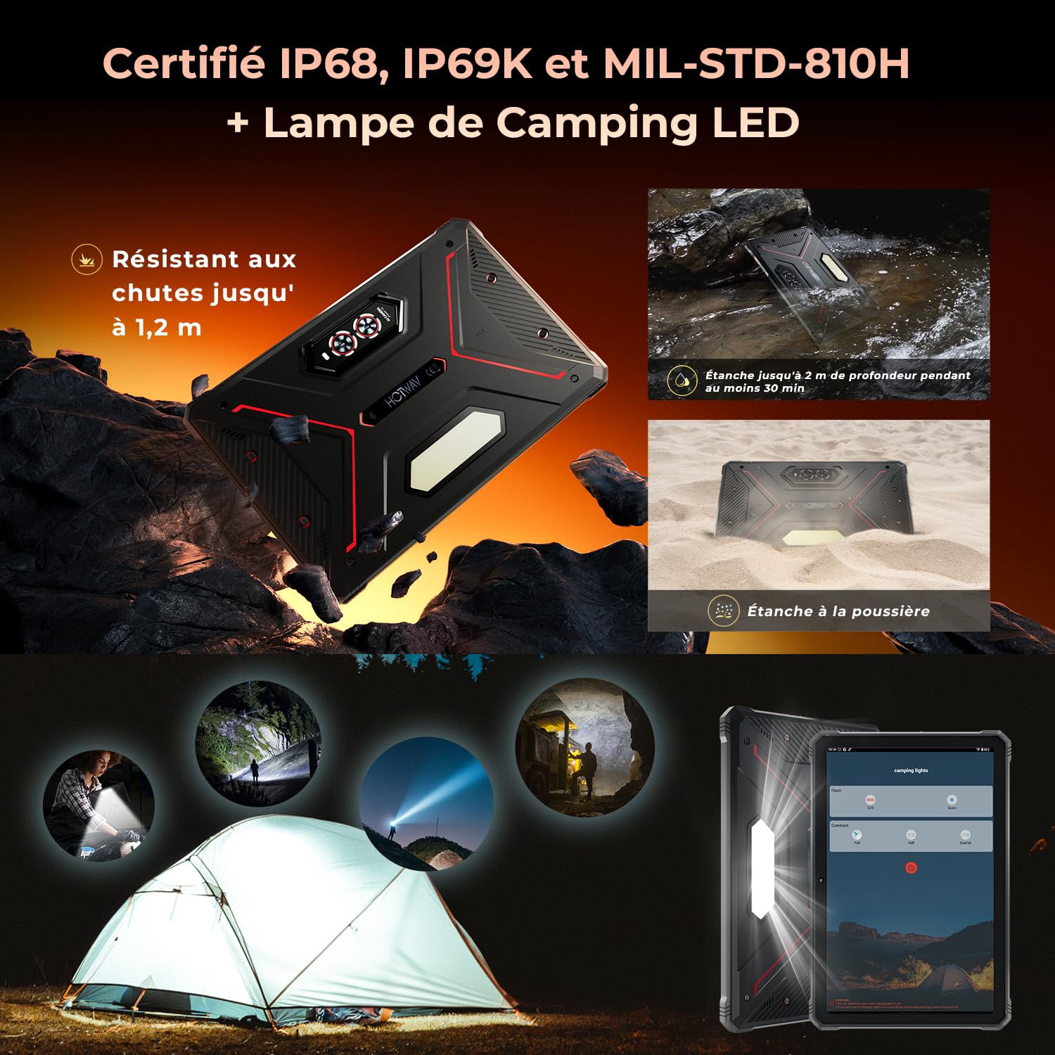 HOTWAV R9 Pro Tablette Incassable, 20Go + 256Go/TF 2To Android 14 Tablette, Écran 11" FHD+ Tablette Tactile, 20080mAh Battery, 64MP+16MP, Dual SIM 4G, WLAN 5G, Octa Core, IP68&IP69K, Face ID, GPS, OTG