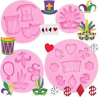 Mask Silicone Molds for Mardi Gras, Masquerade Feather Mask Pearl Necklace Chocolate Molds, Indian Drum Poker Dice Cake Decorating Fondant Mold for Cupcake Topper Candy Gum Clay Resin DIY Craft