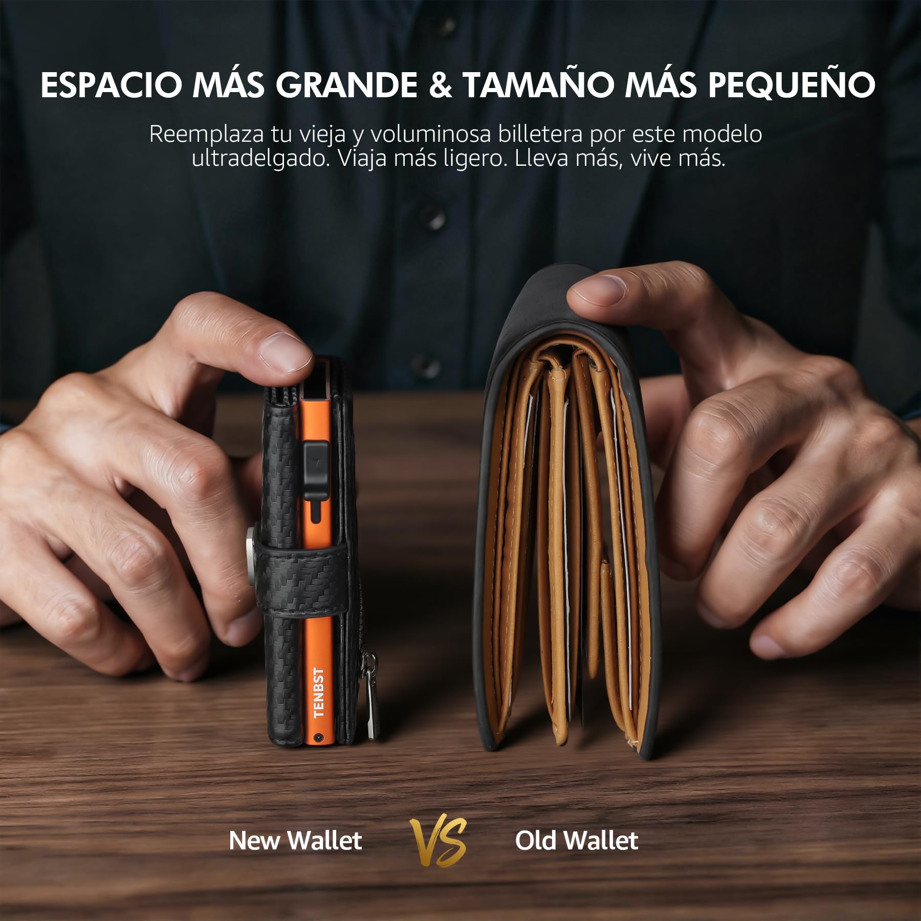 TENBST Cartera para Hombre – Cartera Ultrafina para Hombre con Compartimento para Monedas y protección RFID, Cartera Premium Fina, Cartera de Lujo para 10 Tarjetas de crédito (Negro y Naranja), Negro