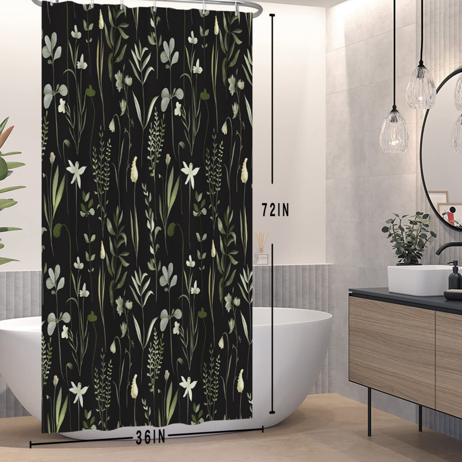 BOODII Tenda Doccia Extra Lunga Nera Con Foglie Di Eucalipto – Set Con Fodera E Ganci, 182x213 Cm - 2