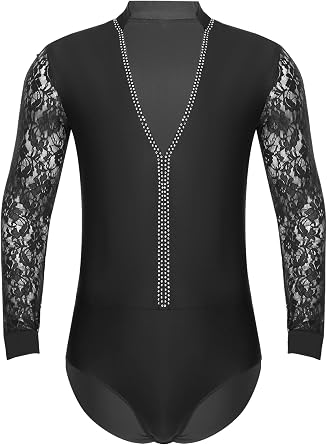 JanJean Mens Shiny Rhinestone Floral Lace Long Sleeve Deep V Neck Latin Tango Dance Shirt Ballroom Dance Leotard