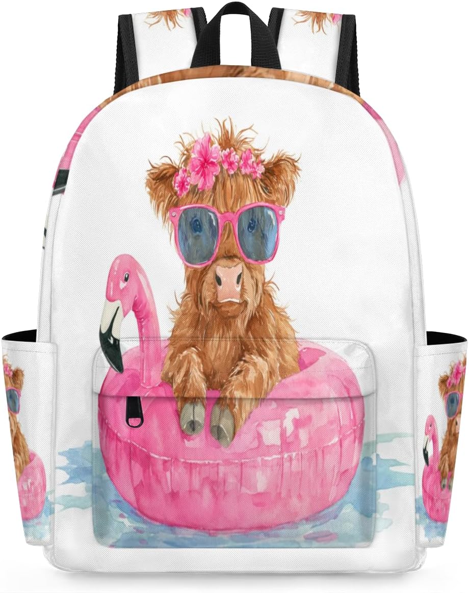 Funny Highland Cattle Flamingo Small Travel Backpack