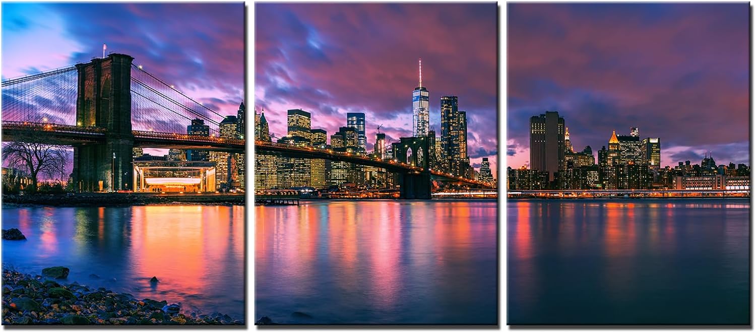 LevvArts Brooklyn Bridge Canvas Wall Art New York Manhattan City in Sunset Photo Picture Print Decor Modern Cityscape Skyline Painting for Bedroom Living Room Office (Small)