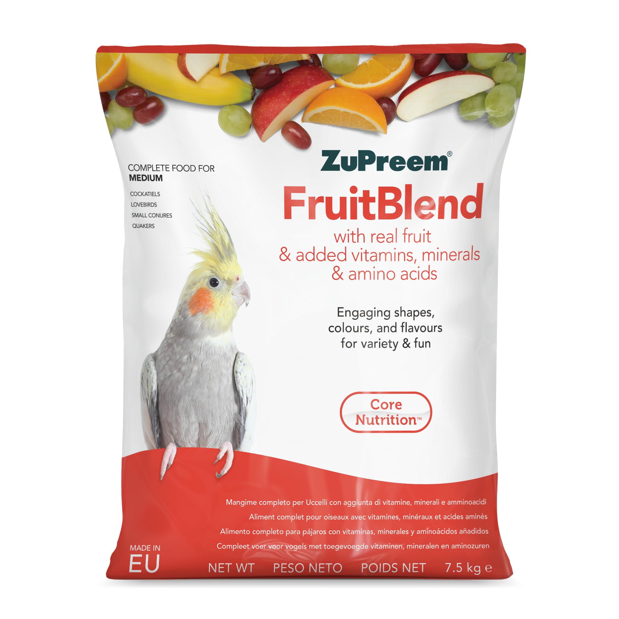 Zupreem Multifrutas Alimento para Aves de Compañía - Frutas y Vitaminas - Pienso para Pájaros Indicado para Agapornis, Cacatúas NINFA, Cotorras Argentinas y Otros Pájaros Medianos - 7,5 kg