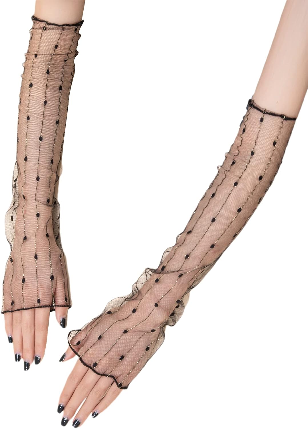 SheIn Women's Polka Dot Sheer Mesh Gloves Glitter Fingerless Elbow Length Arm Sleeves Seam Black One Size at  Women’s Clothing store