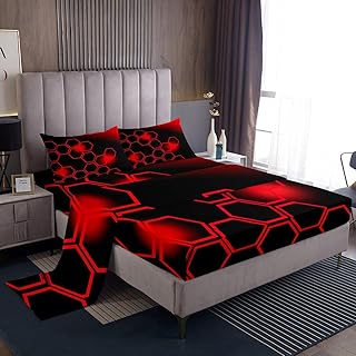 Red and Black BedÂ SheetsÂ Set King Size Honeycomb Sheet Set for Kids Boys Girls Decor Geometrical SheetsÂ withÂ DeepÂ PocketÂ FittedÂ Sheet Beehive Geometric Pattern BeddingÂ Set Bedroom