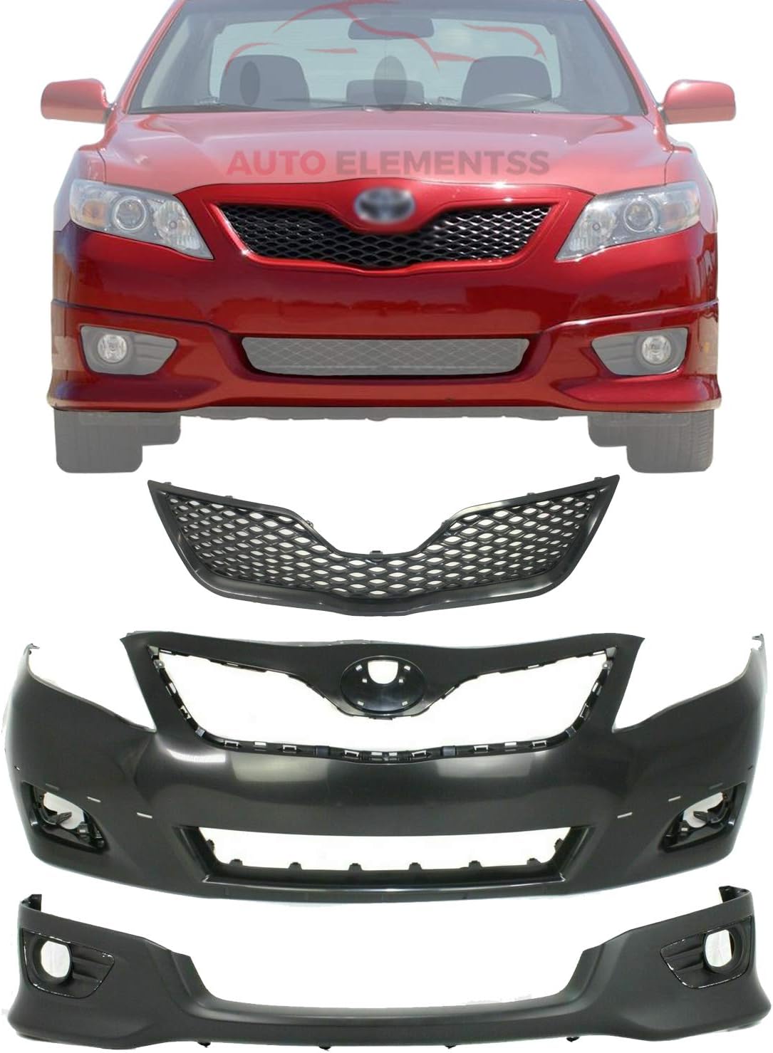 Front Bumper Cover + Lower Valance Spoiler + Grille Assembly For 2010-2011 Toyota Camry SE Direct Replacement