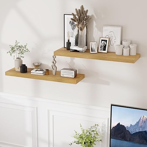 Miniatura 2 de Estantes flotantes, 36 x 9 pulgadas, estante flotante de roble montado en la pared, estantes de pared de madera rústica, juego de 2, estantes de
